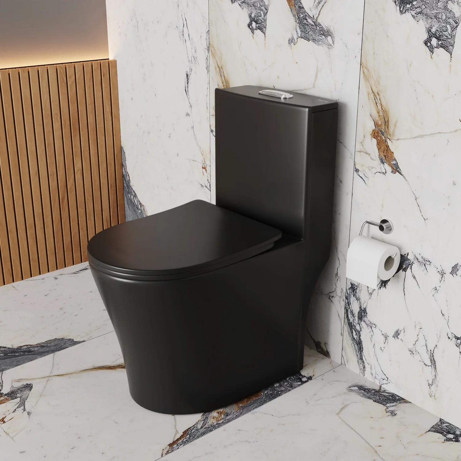 Ambiente com louça sanitária preta Turmalina da Pettra