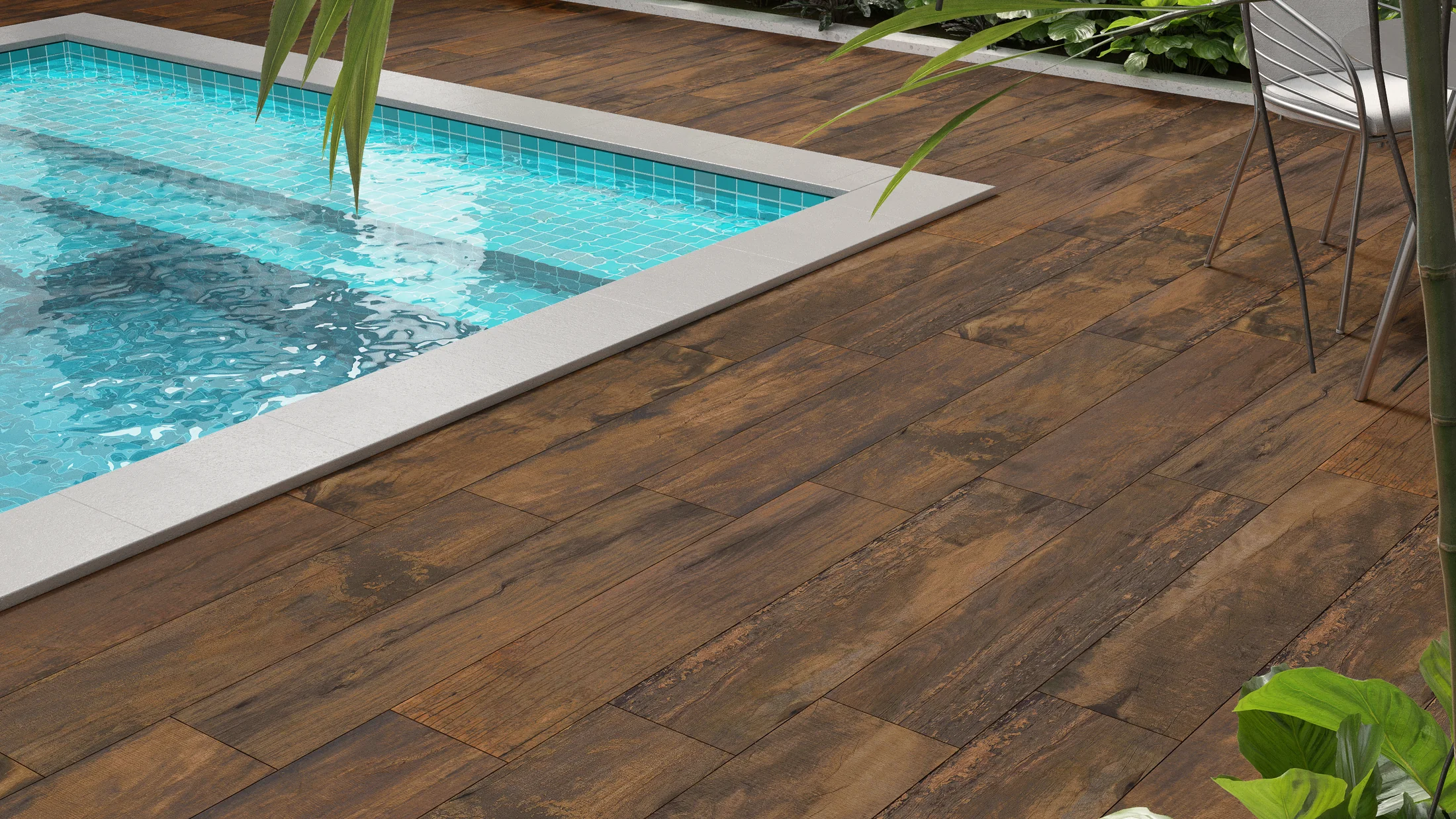 Área de piscina com revestimento Peroba Natural da ROX