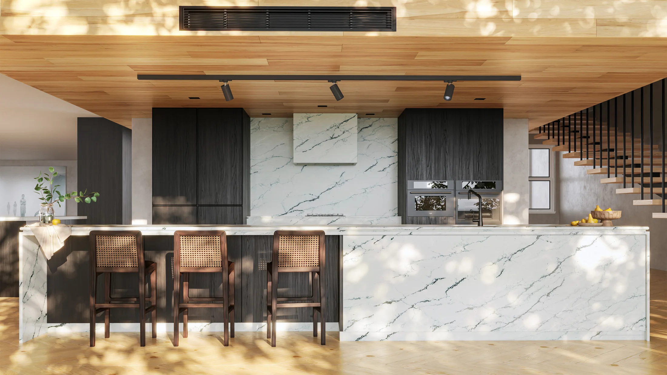 Cozinha contemporânea com pedra Nera da West Coast